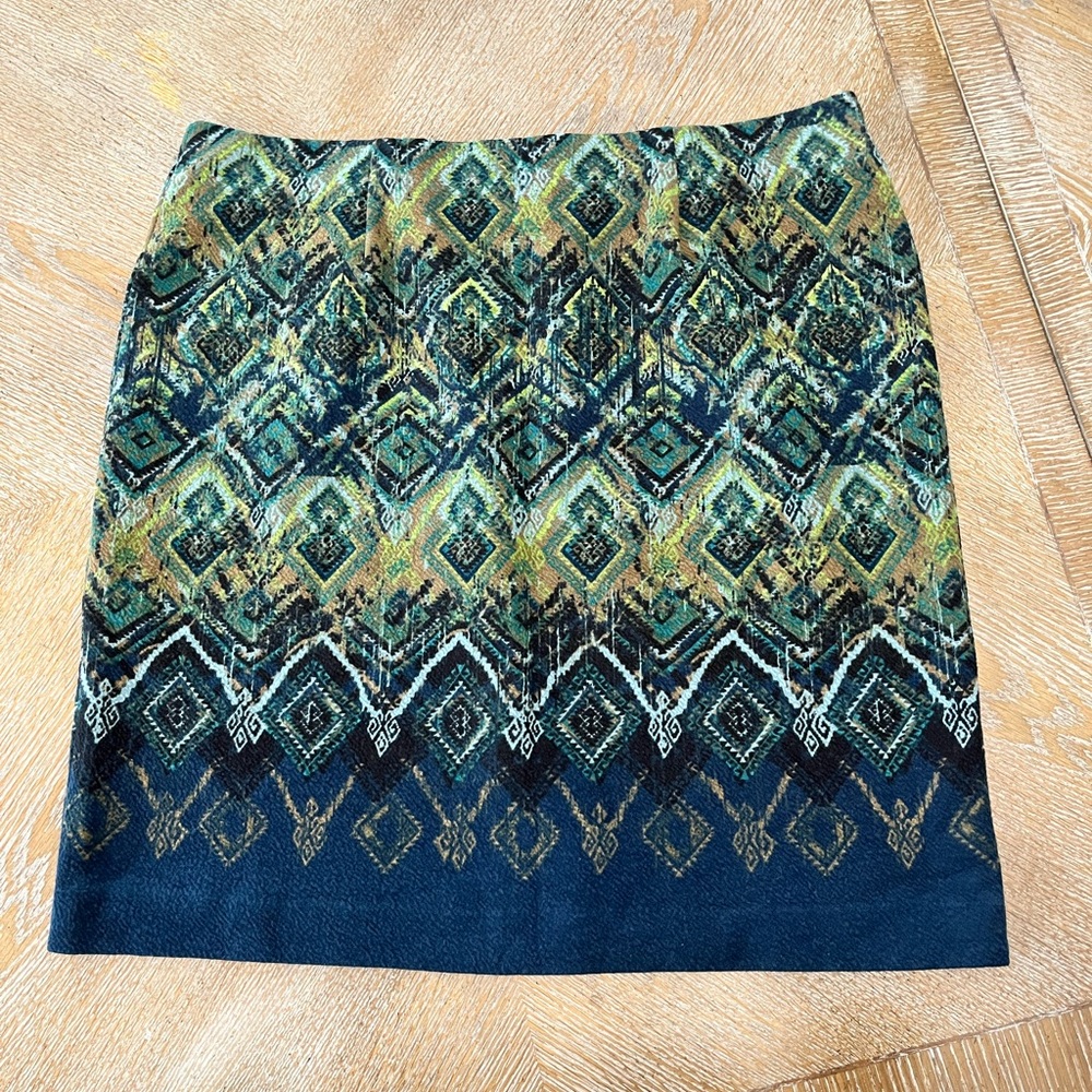 J. Jill Pencil Skirt Pull On Geometric Blue Green Knit Large Petite Waist 36”